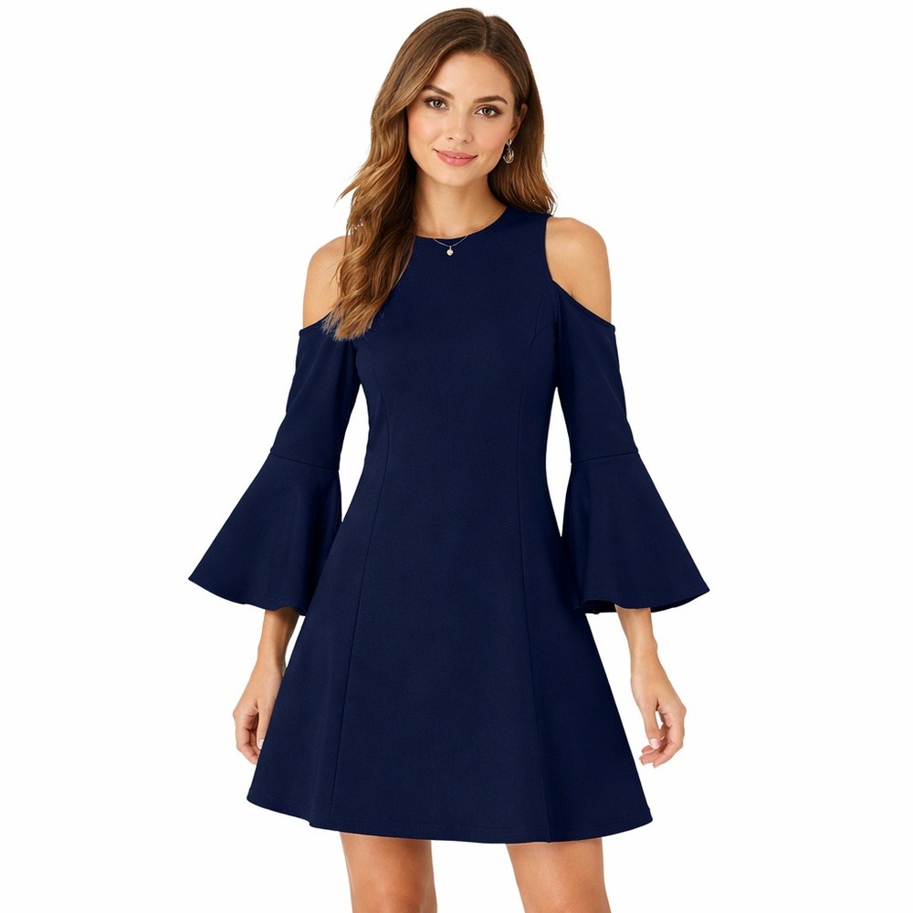 Lucy Paris Womens Navy Blue Cold Shoulder Bell Sleeve Shift Dress Size M